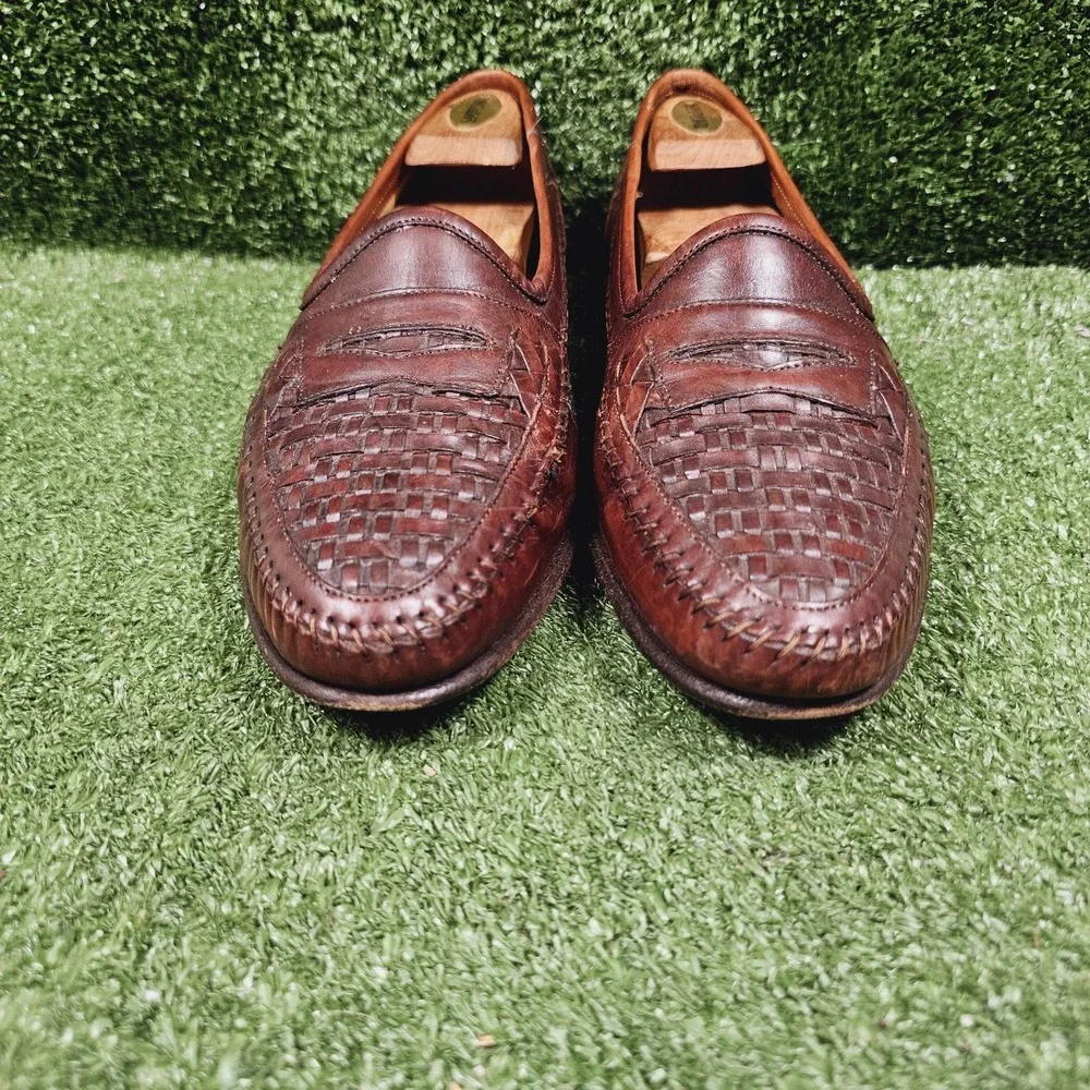 Santoni Woven Brown Leather Slip On Dress Penny Loafers Mens Size 9.5